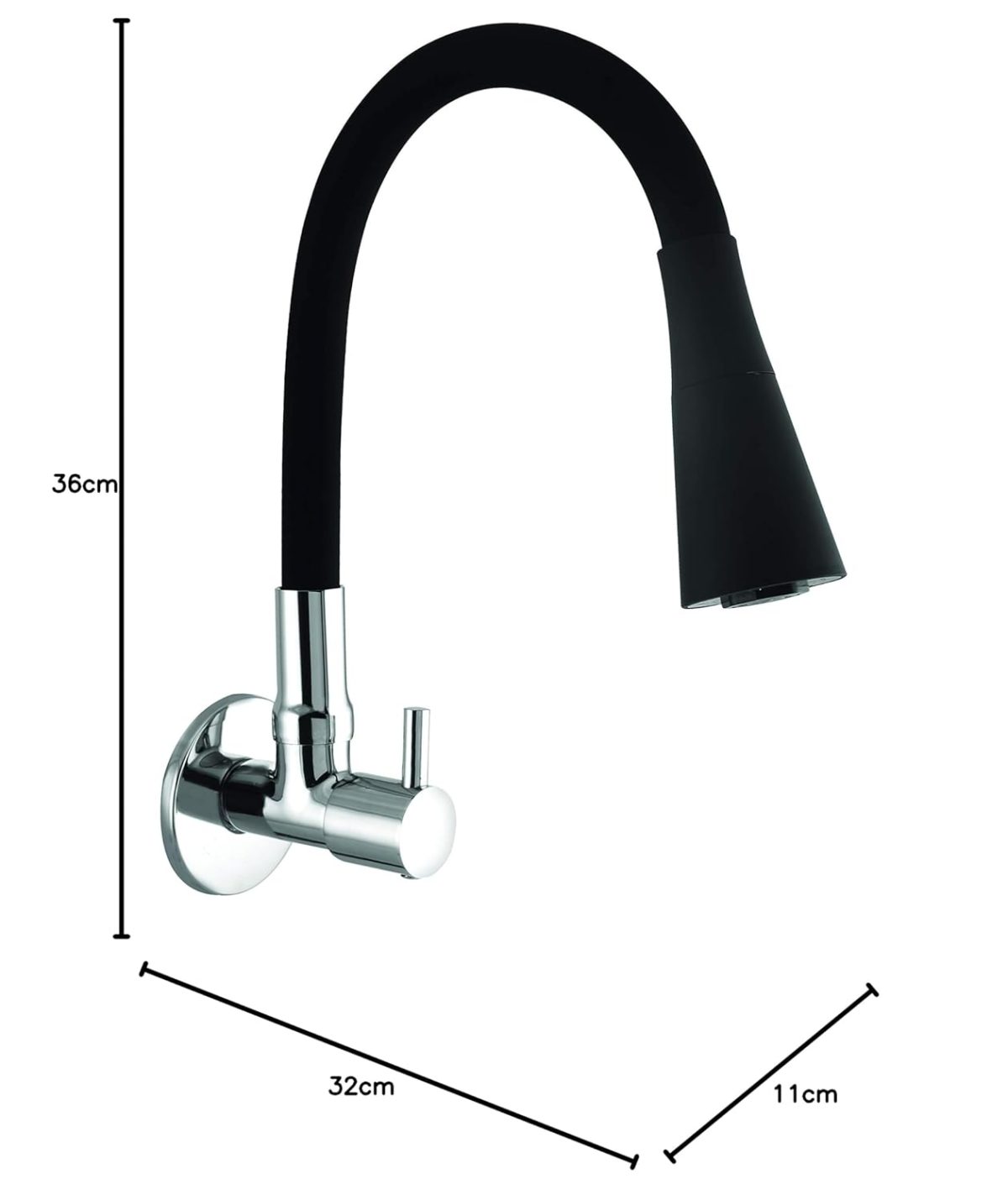 10X Sink Tap for Kitchen BL-9876 Flexible Neck Black Color Wall Mount, Chrome Finish (Double Flow), Metal - Image 6