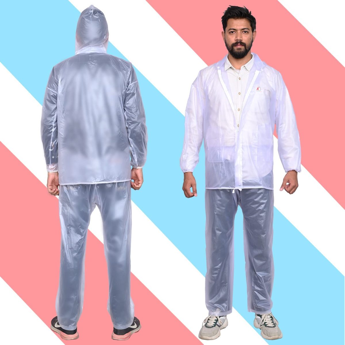 HACER Crystal Men Raincoat Water Resistant Rain Coat with Adjustable Hood Drawstring Hem Set of Top & Bottom with Carrying Pouch (XXL Size, Transparent) - Image 6