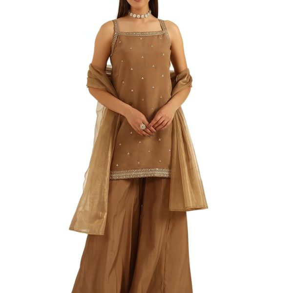 FIORRA Women's Brown Viscose Chanderi Straight Kurta with Palazzo and Dupatta