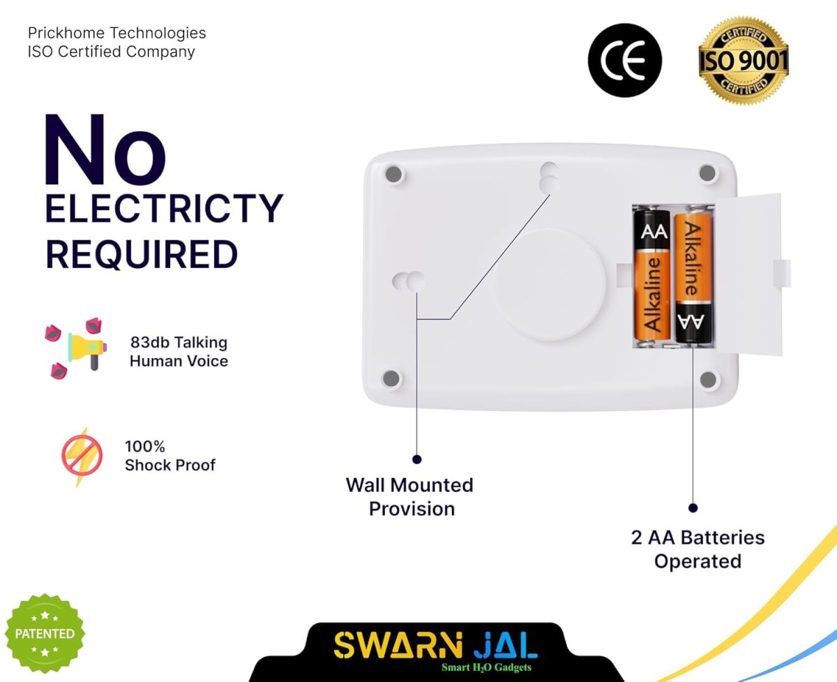Swarn Jal (Model: A-VO) Water Tank Alarm, Overflow Control Bell, Cell/Battery Powered, Loud Human Voice, Brass Sensors, 100% Shock Proof, 1-3 Years Cell Life, One Year Complete Warranty - Image 2