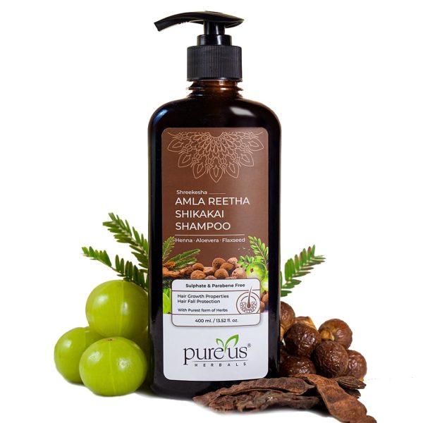 Pureus Herbals Shreekesha Amla Reetha Shikakai Sulphate & Parabene Free Shampoo for Thick & Strong Hair, Damage Control, Hair Growth & Hair Fall | Herbal Hair Cleanser & Pure Natural Ingredients for Women & Men (400 ml)