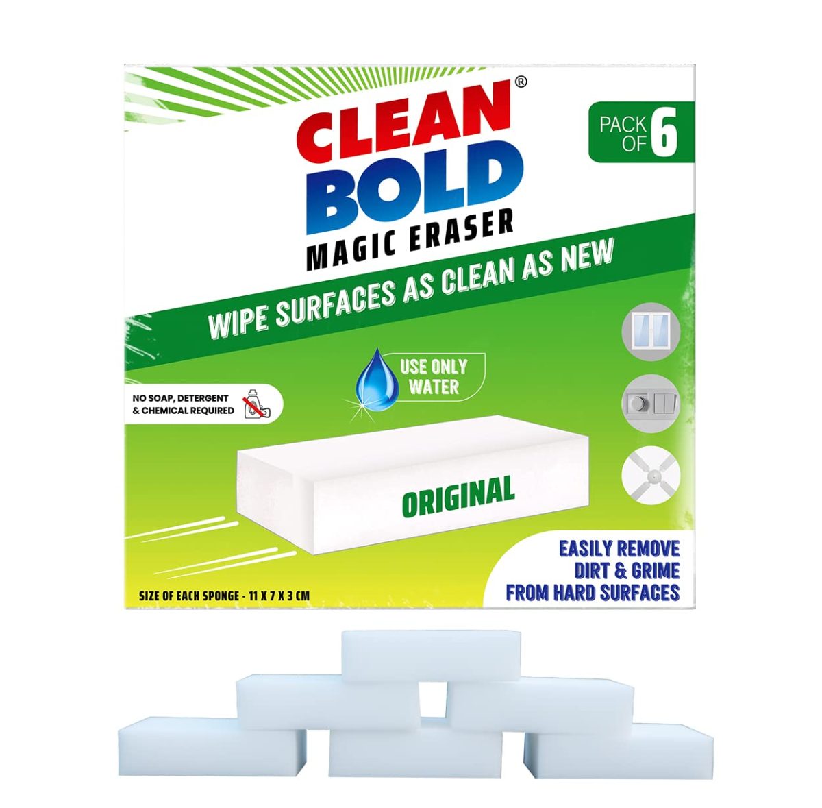 CleanBold Original Magic Eraser, Melamine Sponge I Remove Dirt & Grime in Home Kitchen Bathroom Car Shoe Sneaker Wall Glass I Multipurpose Deep Cleaning I Chemical-Free Nano Magic Sponge I 6 Pcs