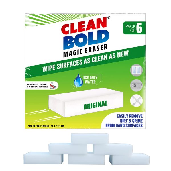 CleanBold Original Magic Eraser, Melamine Sponge I Remove Dirt & Grime in Home Kitchen Bathroom Car Shoe Sneaker Wall Glass I Multipurpose Deep Cleaning I Chemical-Free Nano Magic Sponge I 6 Pcs