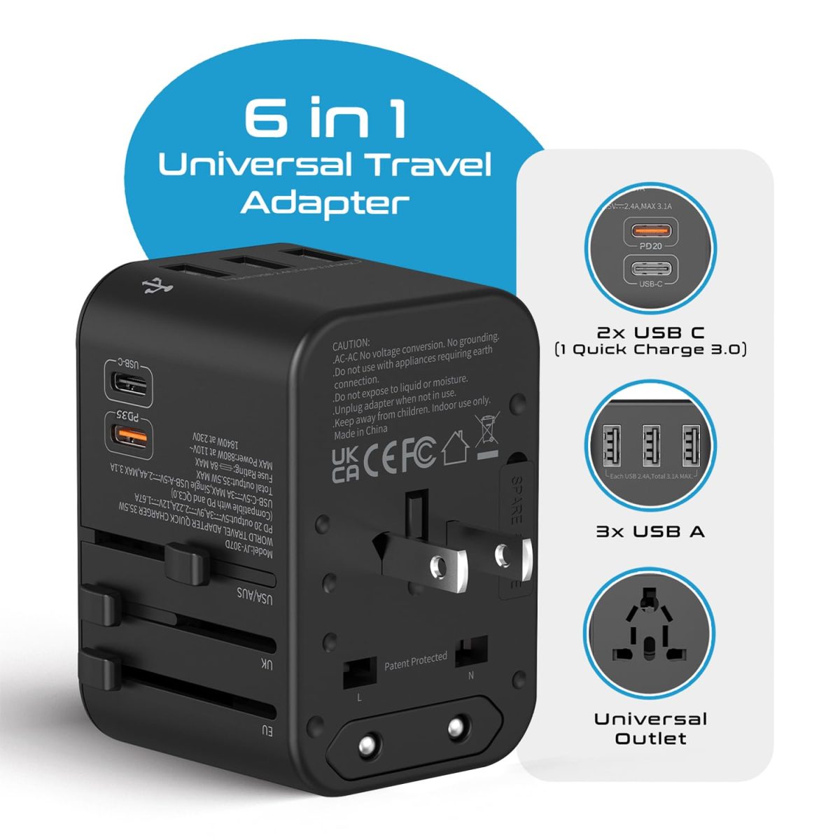 Ceptics Universal Charger Adapter, 35W 6 in 1 International Travel Adapter, Universal Plug Socket with 10 Years Warranty, PD/QC 3.0, 1x USB-C, 3 USB Fast Charging, Worldwide Travel Adapters. - Image 2