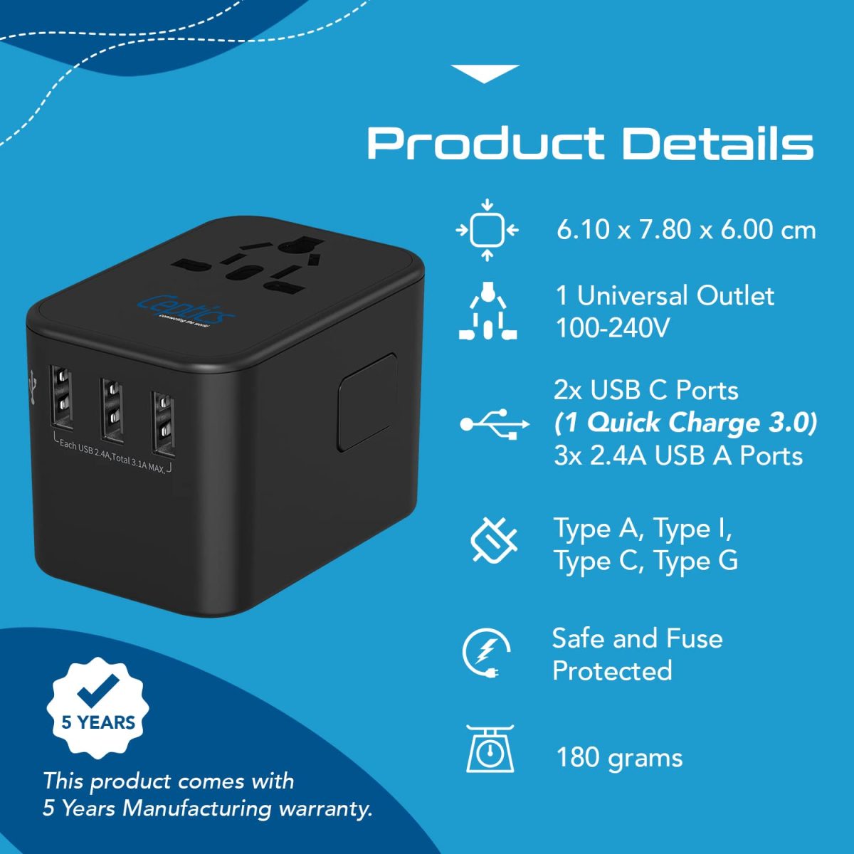 Ceptics Universal Charger Adapter, 35W 6 in 1 International Travel Adapter, Universal Plug Socket with 10 Years Warranty, PD/QC 3.0, 1x USB-C, 3 USB Fast Charging, Worldwide Travel Adapters. - Image 3