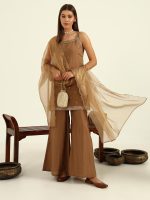 FIORRA Women's Brown Viscose Chanderi Straight Kurta with Palazzo and Dupatta - Image 5