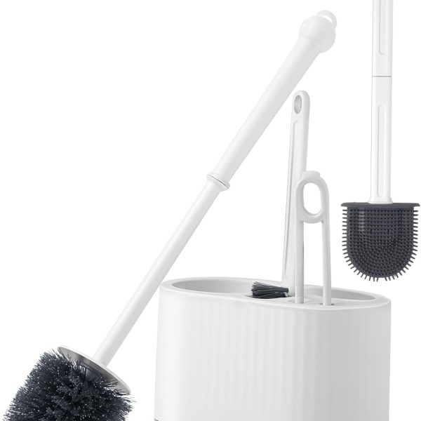 Vasukie Silicone Toilet Brush and Holder Set, with a Extra Crevice Cleaning Brush Deep Cleaning Toilet Bowl Brush for Bathroom Toilet Brushes for Bathroom Wall Mounted Water Drop (4IN1 White)