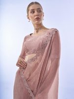 ORHANS Women's Chiffon Embellished - Beads And Stones Saree With Art Silk Unstitched Blouse Piece (Pink Bk_Op-518) - Image 5