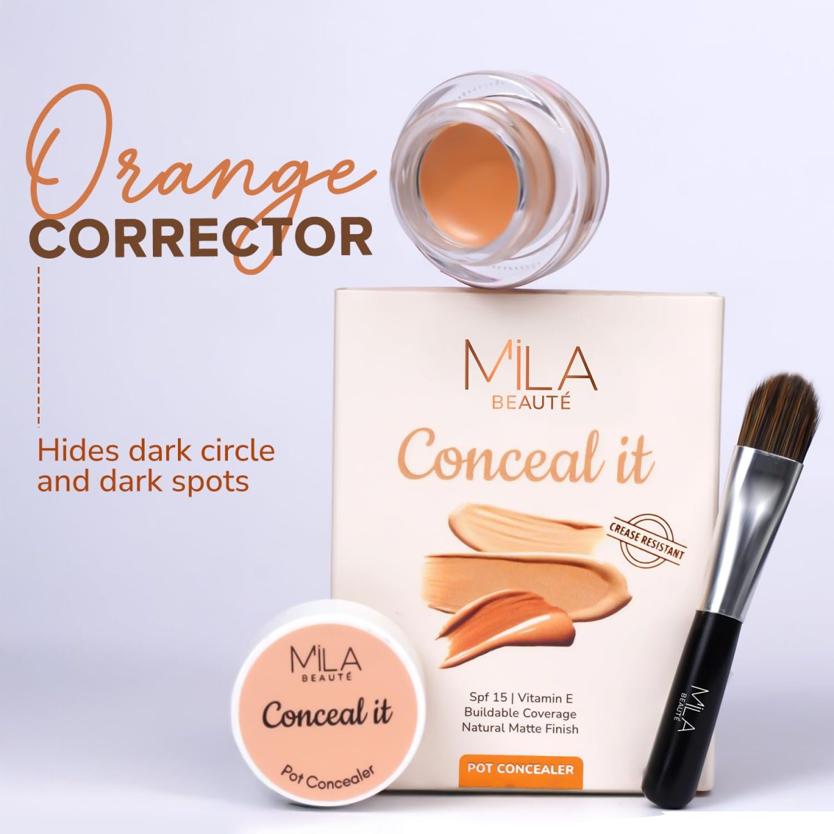 Mila Beauté Conceal It Pot | Enriched With SPF 15 and Vitamin E | Light Weight Concealer | Long Lasting Coverage | Natural Matte Finish | Covers All Skin Concerns | Easily Blendable Concealer (Orange Corrector) - Image 3