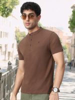 Urbano Fashion Men's Solid Mandarin Collar Slim Fit Half Sleeve Cotton T-Shirt - Image 2