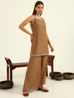 FIORRA Women's Brown Viscose Chanderi Straight Kurta with Palazzo and Dupatta - Image 3