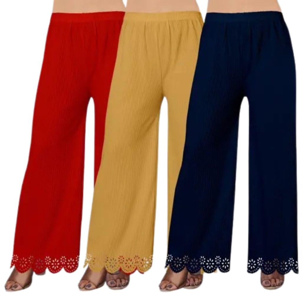 Women's Lycra Palazzo Pants - Pack of 3 | High-Waist Flared Stretchable Trousers | Comfortable & Lightweight Bottoms for Daily, Office & Casual Wear