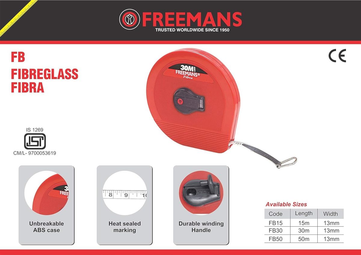 FREEMANS 30m:13 mm Fibra Fibreglass Measuring Tape - 30m/100ft With Unbreakable ABS Case || Durable Winding Mechanism Handle and Steel End Hook || Red Color - Image 6
