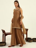 FIORRA Women's Brown Viscose Chanderi Straight Kurta with Palazzo and Dupatta - Image 4