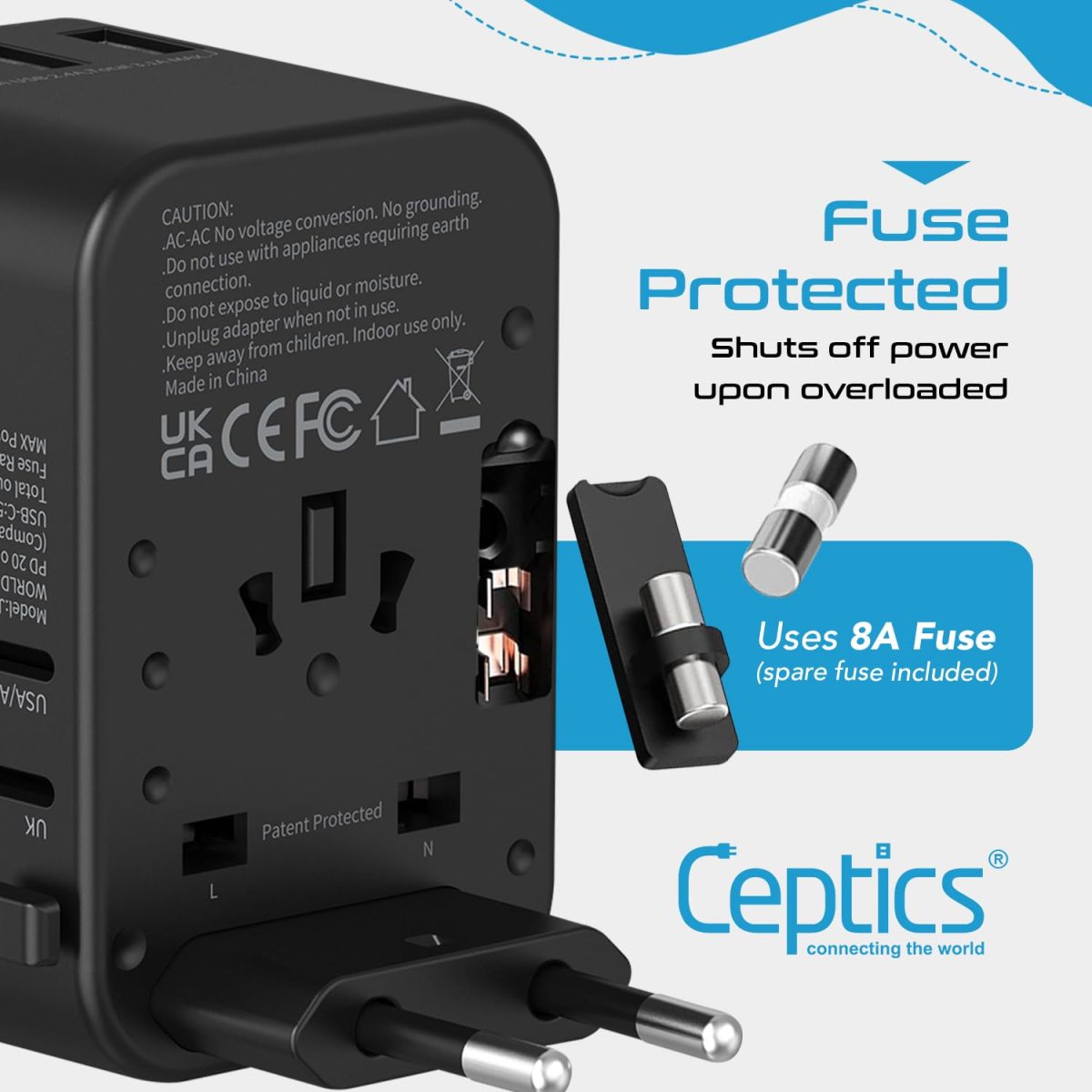 Ceptics Universal Charger Adapter, 35W 6 in 1 International Travel Adapter, Universal Plug Socket with 10 Years Warranty, PD/QC 3.0, 1x USB-C, 3 USB Fast Charging, Worldwide Travel Adapters. - Image 7