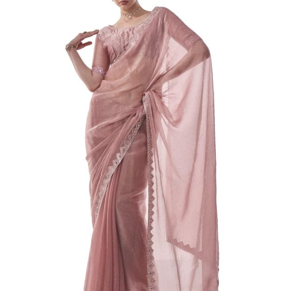 ORHANS Women's Chiffon Embellished - Beads And Stones Saree With Art Silk Unstitched Blouse Piece (Pink Bk_Op-518)