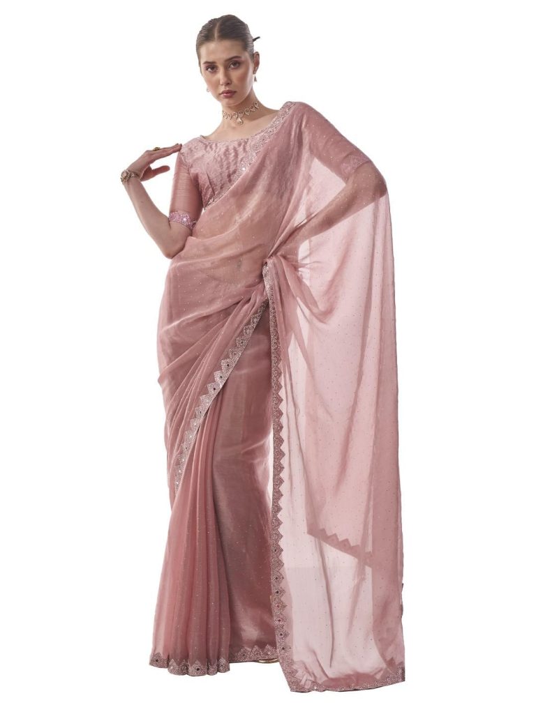 ORHANS Women's Chiffon Embellished - Beads And Stones Saree With Art Silk Unstitched Blouse Piece (Pink Bk_Op-518)