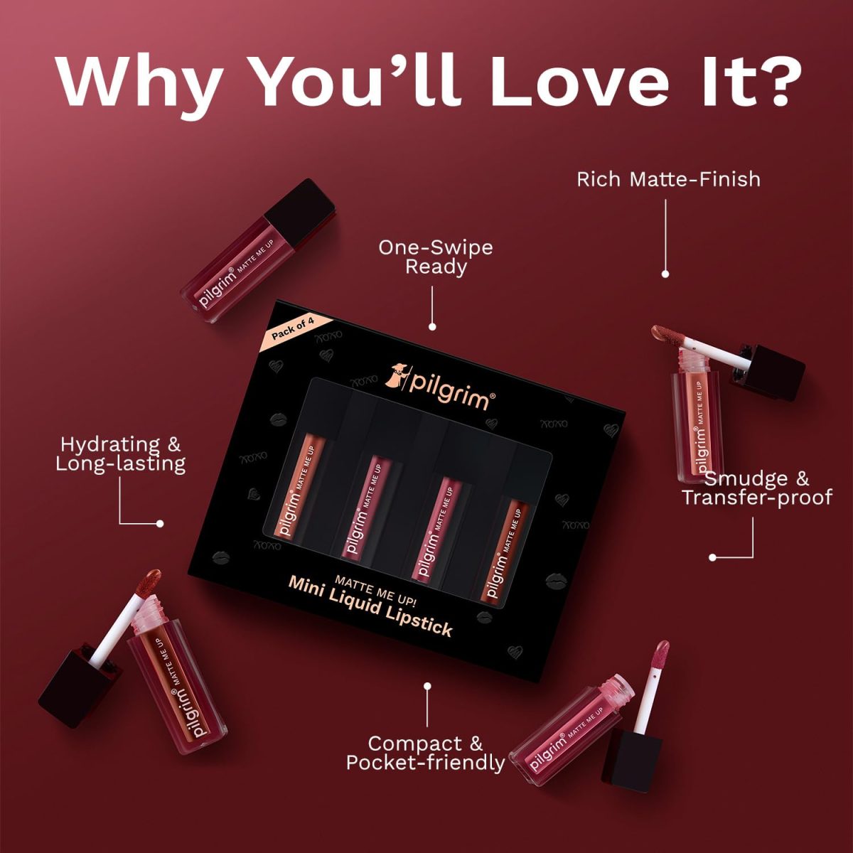 Pilgrim Matte Mini Liquid Lipstick 4 in 1 Pack Smudgeproof, Hydrating & Lightweight (The Pink Sin, 4 ml) - Image 4