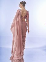 ORHANS Women's Chiffon Embellished - Beads And Stones Saree With Art Silk Unstitched Blouse Piece (Pink Bk_Op-518) - Image 4