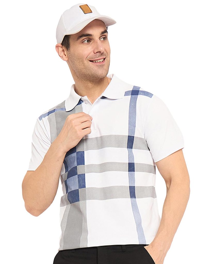KASMA Men's Cotton Blend Polo Tshirt Has a Short Sleeve & Straight Hem-SNGKS-CHK8WHT