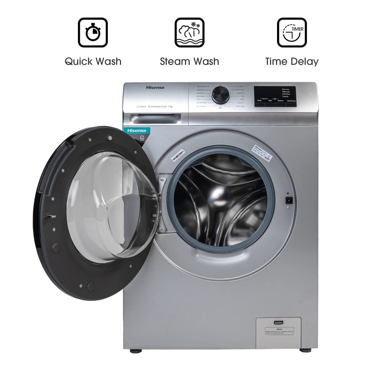Hisense 7.0 Kg Fully-Automatic Front Loading Washing Machine (WFVB7012MS, Silver, Steam Wash, Built in Heater ), ‎Silver - Image 2