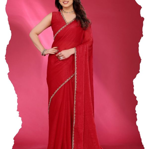 SAREEVILLA Womens New Latest Bollywood Party Fancy Soft Zimmy Choo Slik Embelished Lace Work Saree With Blouse | Saree For Womens