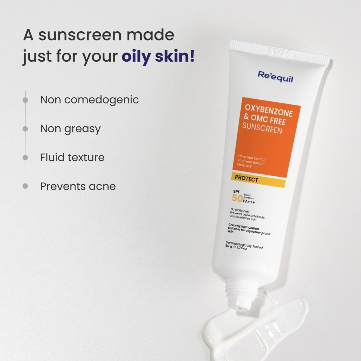 RE' EQUIL Oxybenzone and OMC Free Sunscreen For Oily, Sensitive & Acne Prone Skin | Prevents Acne Breakouts | No White Cast | SPF 50 PA+++ | 50g - Image 2