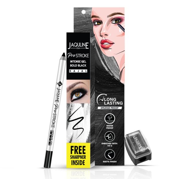 Jaquline USA Pro Stroke Intense Gel Matte Kajal And Sharpener 1.2Gm | Waterproof, Smudgeproof & Fadeproof | Longlasting | Super Black Kajal | With Free Sharpener | Nourished With Castor Oil