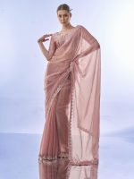 ORHANS Women's Chiffon Embellished - Beads And Stones Saree With Art Silk Unstitched Blouse Piece (Pink Bk_Op-518) - Image 2