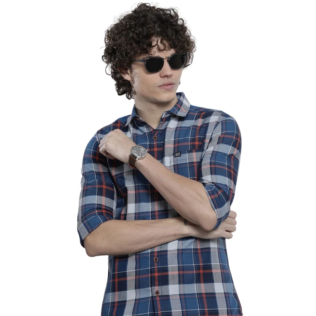 The Indian Garage Co Men's Cotton Regular Fit Checkered Full Sleeves Cutaway Collar Casual Shirt