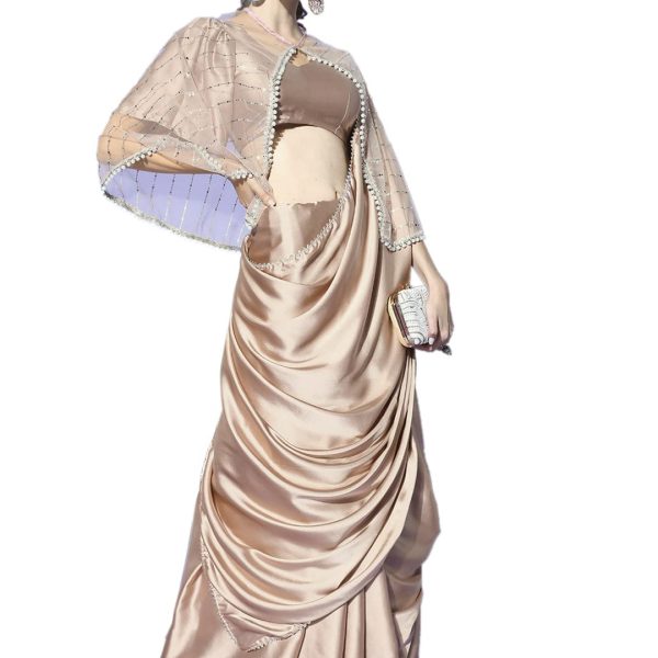 Womanista Women's Satin Saree with Embellished Cape(TI2765_Grey_Onesize)