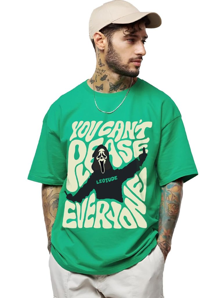 LEOTUDE Half Sleeve Oversized Cottonblend Round Neck Drop Shoulder Printed Men's T-Shirt (Color Rama Green)