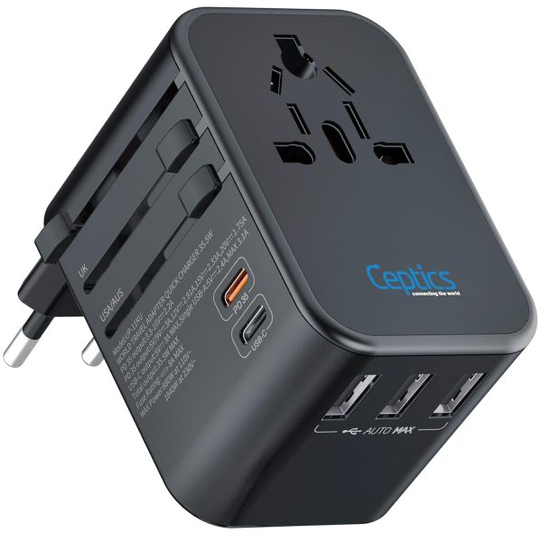 Ceptics Universal Charger Adapter, 35W 6 in 1 International Travel Adapter, Universal Plug Socket with 10 Years Warranty, PD/QC 3.0, 1x USB-C, 3 USB Fast Charging, Worldwide Travel Adapters.