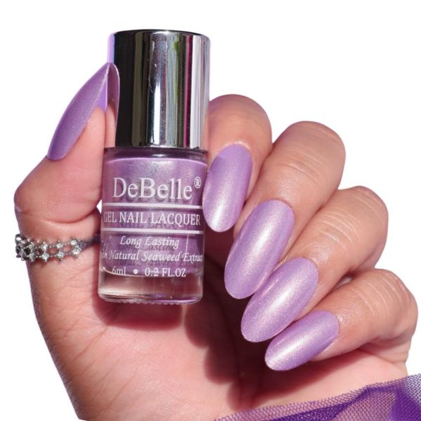 DeBelle Gel Nail Polish Hello Hannah(Light Purple with Gold Micro Shimmer Nail Paint)| Non UV - Gel Finish |Chip Resistant | Seaweed Enriched Formula| Long Lasting|Cruelty and Toxic Free| 6ml