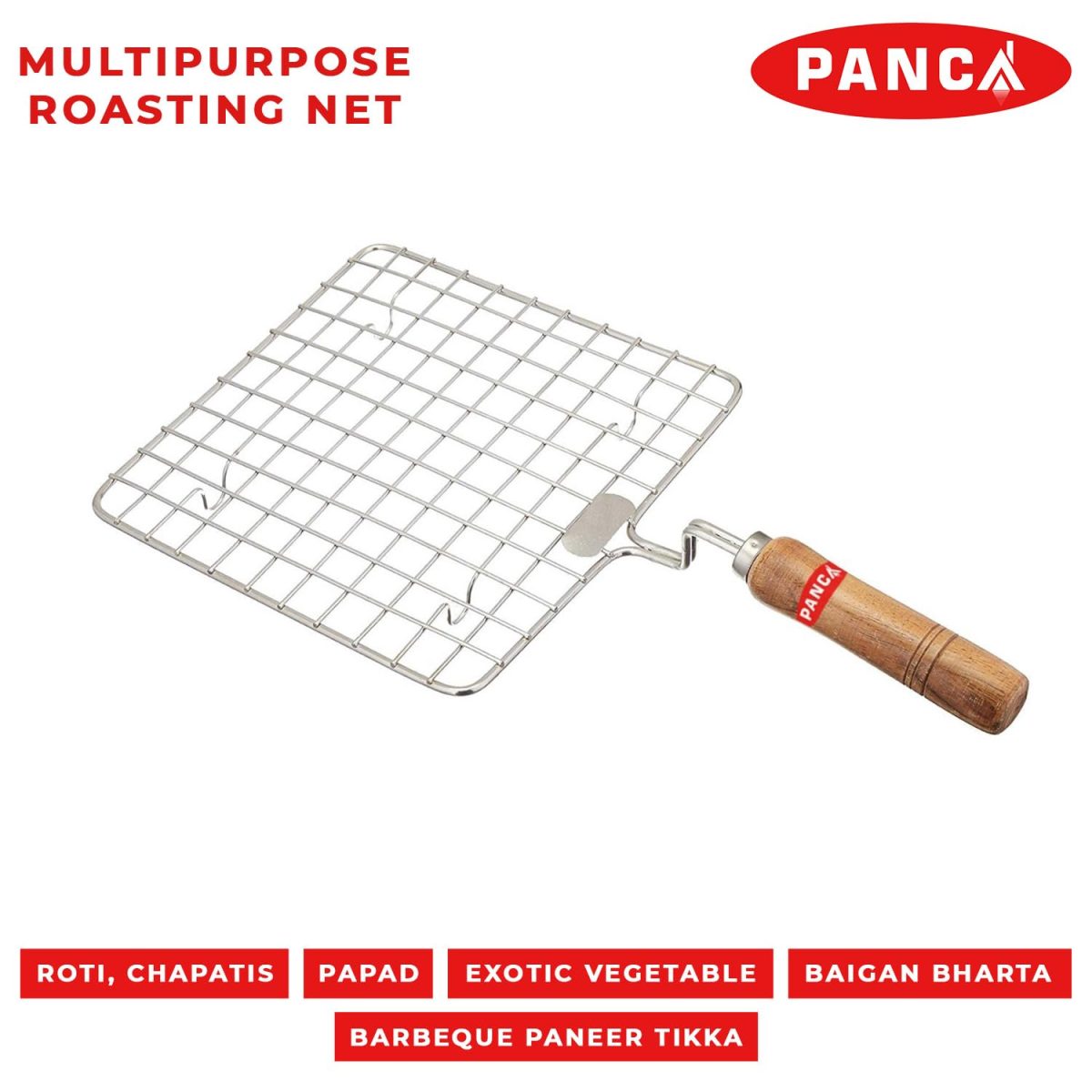PANCA Papad Jali Roast, Paneer Grill, Roti Maker, Barbeque Jali Roaster Chapati Toast Grill Wooden Handle Vegetable tandoor net, Baigan Bharta (Square) - Image 5