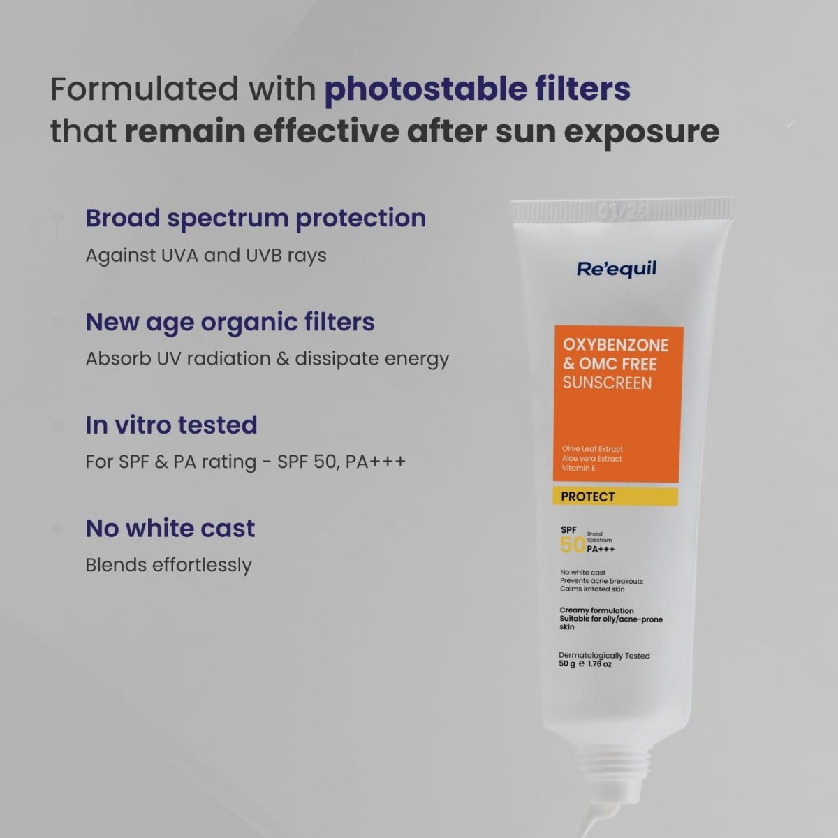 RE' EQUIL Oxybenzone and OMC Free Sunscreen For Oily, Sensitive & Acne Prone Skin | Prevents Acne Breakouts | No White Cast | SPF 50 PA+++ | 50g - Image 4