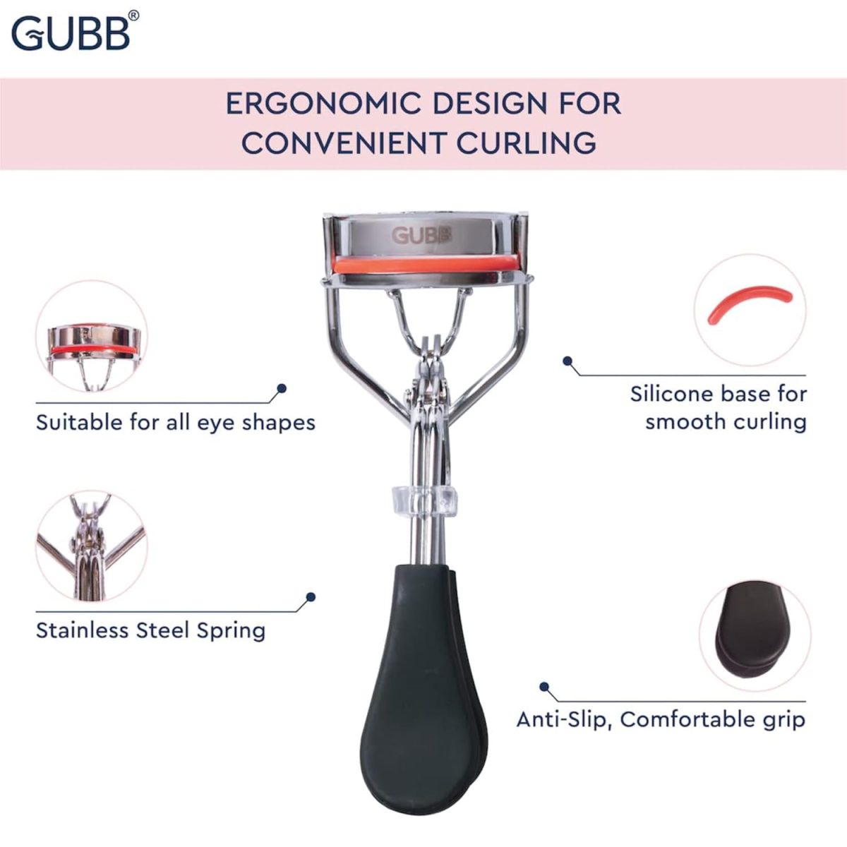GUBB Eyelash Curler For Women - Suitable for all eye shapes | offers perfect curls | comfortable to hold | elegant design | An Eye Makeup Tool Comes with silicon base - Black, Pack Of 2 - Image 3