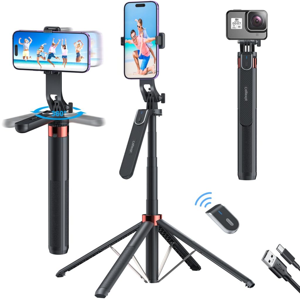 Celfiexpt 71-inch Selfie Stick Tripod 360 Degree Rotation Rechargeable Remote Quadripod Stand Gimbal Handle for Mobile Phone Camera Gopro 360° Panoramic Shooting Vlogging Live Stream