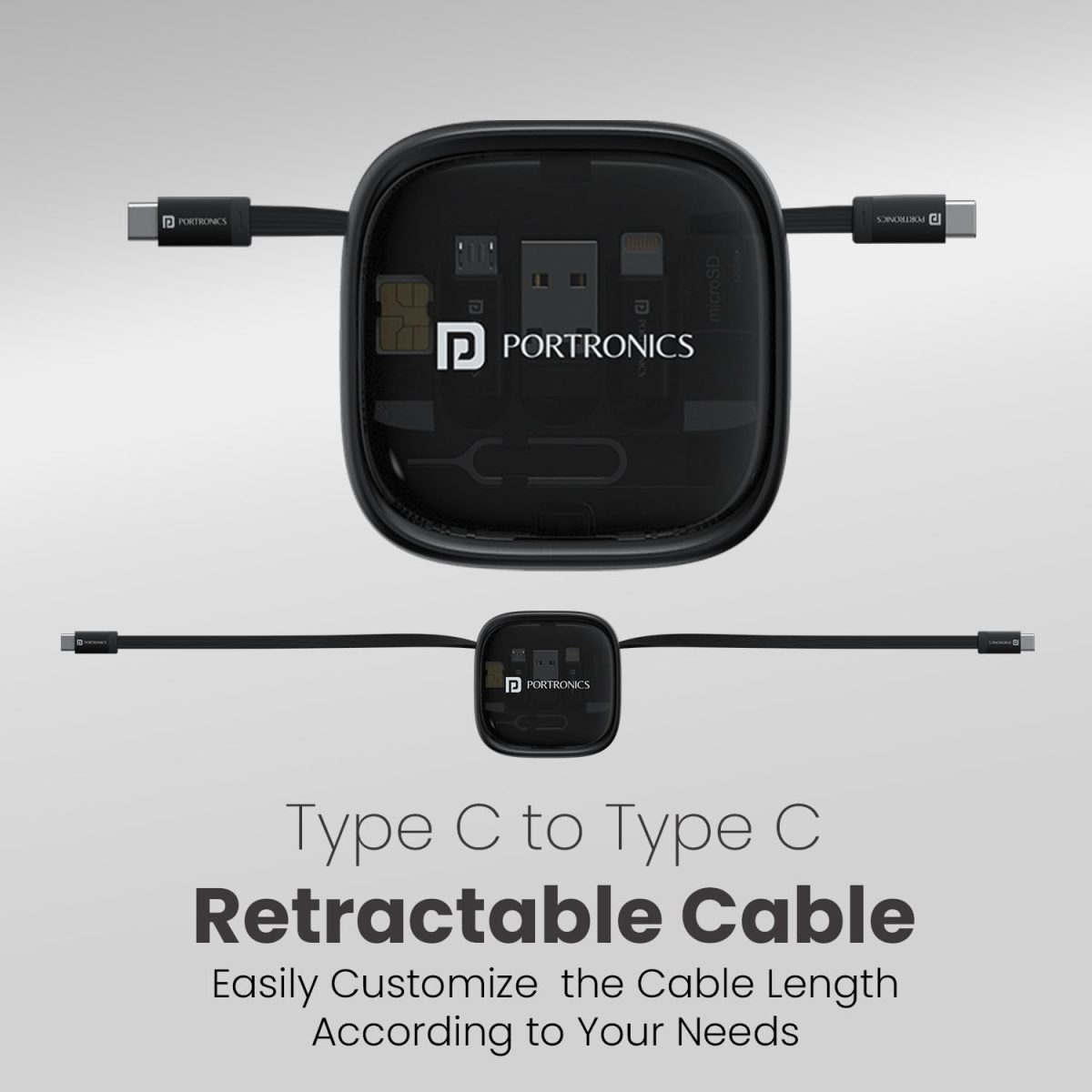 Portronics Snapcase 2 60W Multifunctional Fast Charging Data Cable Kit With Retractable Cable, Conversion Set USB A & Type C to Male Micro/Lightning,Sim Storage,Sim Eject Pin - Image 7