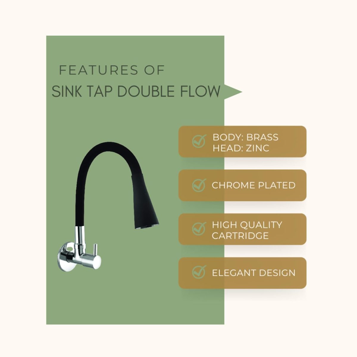 10X Sink Tap for Kitchen BL-9876 Flexible Neck Black Color Wall Mount, Chrome Finish (Double Flow), Metal - Image 2