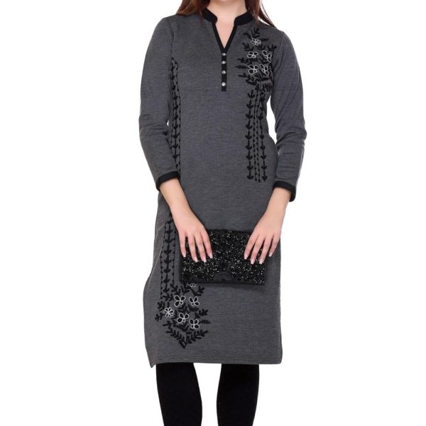 Rosary Women's Embroidered Woolen Kurti with Pockets | Warm Full Sleeve Winter Wear | Elegant Design