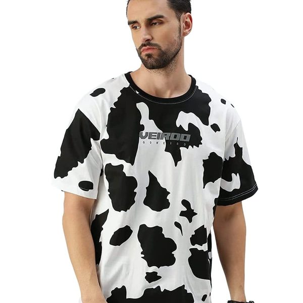 Veirdo® Pure Cotton Oversized Loose Baggy Fit Cow & Zebra Animal Print White, Black & Lilac Round Neck T-Shirt with All Over Print for Men & Boys