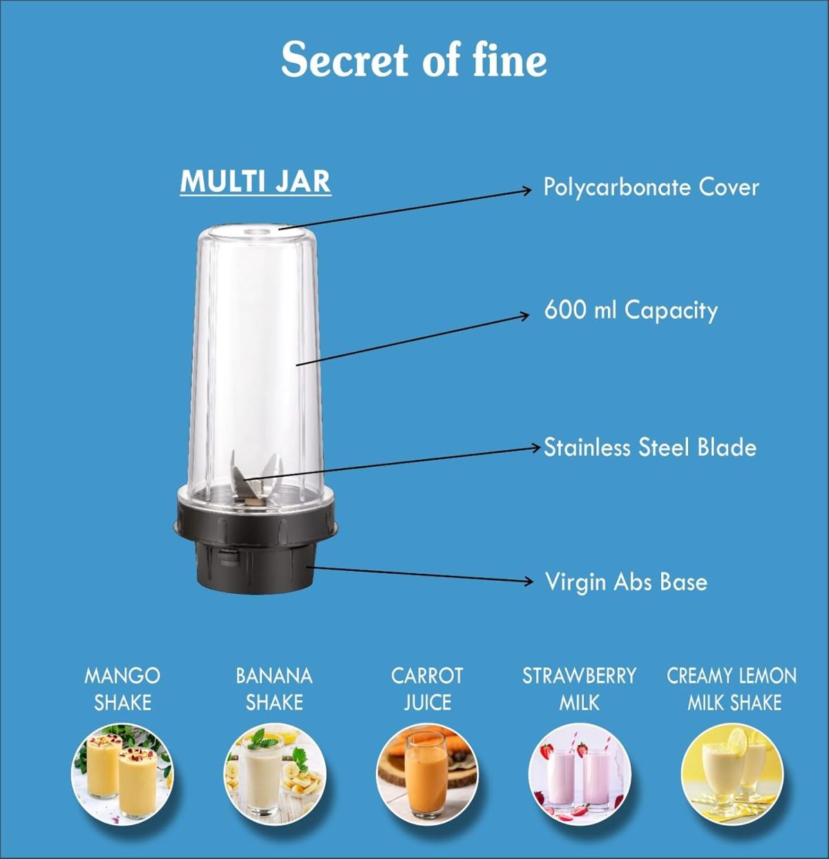 WONDER STAR Bullet JAR Combo (600 + 300ML) || Mixer Grinder CHTUNEY Jars Combo|| 600+300ML Capacity||Suitable for SUMEET, KENSTAR, Long WAYY,Activa, PREETHI, Bajaj Mixer Grinders Match and Buy - Image 2