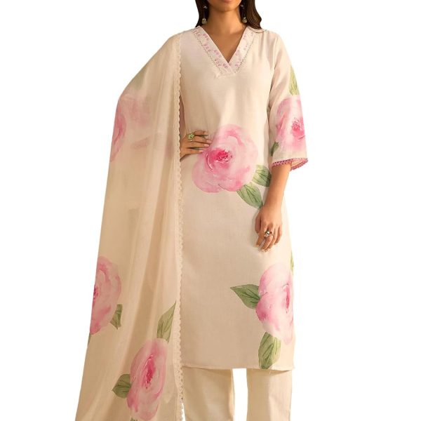 INDO ERA Women's Straight Linen Floral Print with Sequines Work Kurta Pant with Dupatta Set (IEOUT9825)