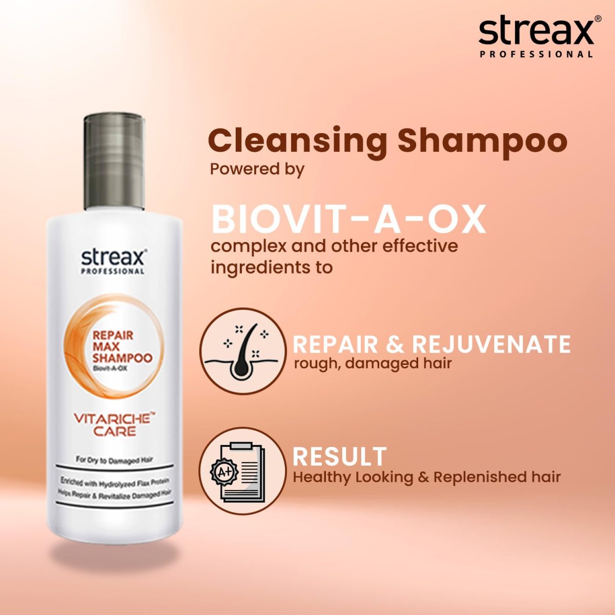 Streax Professional Vitariche Care Repair Max Shampoo,300ml| Mild Everyday Shampoo| Hair Shampoo for Women & Men|With Biovit-A-OX Complex, Hydrolysed Flax Protein & |Ceramide|For Dry, Damaged Hair - Image 9