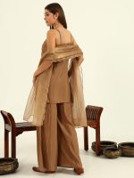 FIORRA Women's Brown Viscose Chanderi Straight Kurta with Palazzo and Dupatta - Image 2