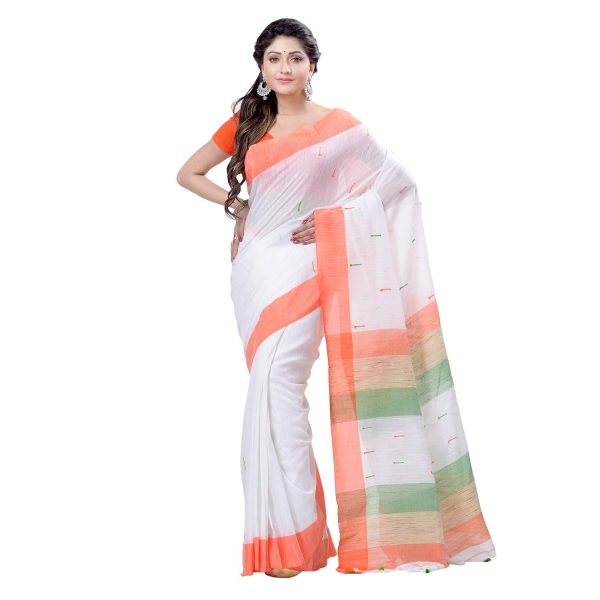 dB DESH BIDESH Women's Tri Color Pure Cotton Handloom Saree With Blouse Piece (Independance Day Saree Orange White Green)