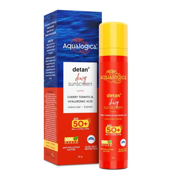 Aqualogica Detan+ Dewy Sunscreen SPF 50+ PA++++ with Cherry Tomato & Hyaluronic Acid - 50 g | Broad Spectrum SPF 50+ PA++++ | UVA/B & Blue Light Protection | Anti-Pollution Factor (APF) Technology | Removes Tanning | Fragrance-Free & No White Cast | For Detan & Even Skin