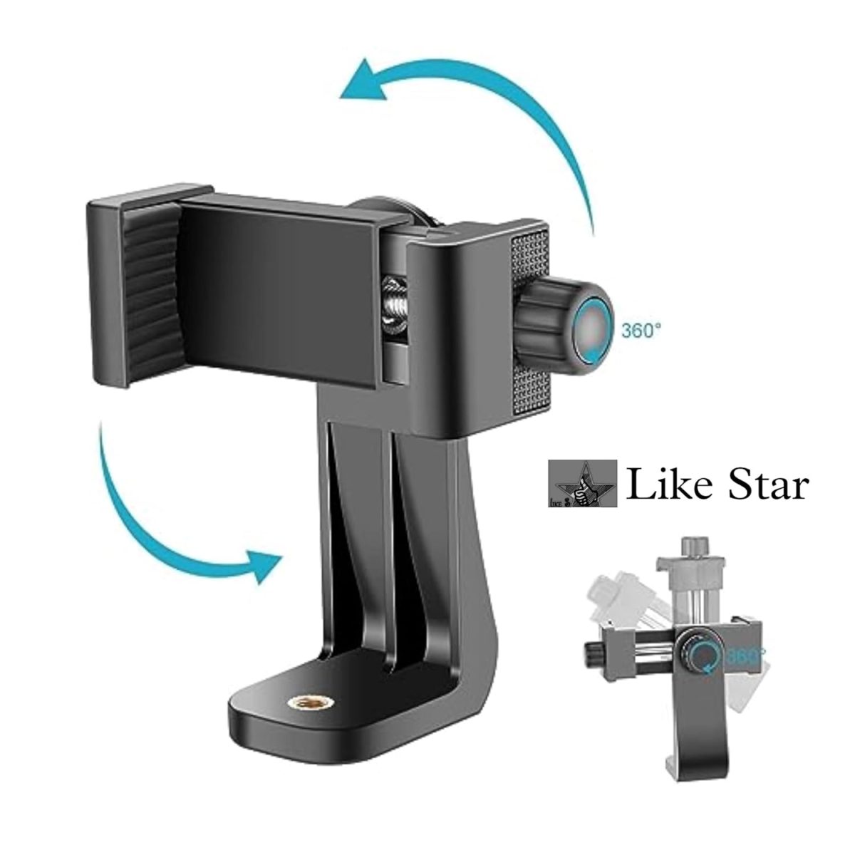 Like Star 360° Degree Mobile Phone Holder with Universal 1/4 Screw Adjustable Clamp Mobile Tripod Mount Adapter Compatible with Smartphones & TripodsnSelfie Stick (Black) - Image 3