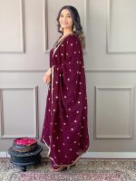 Naixa Women's Vichitra Silk Embroidered A-Line Kurta with Pant and Dupatta Sets for Wedding Party and Festival Wear (NX3_442-Wine-L) - Image 3
